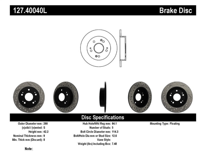 StopTech 06-09 Honda Civic Ex/Si Slotted & Drilled Left Rear Rotor.