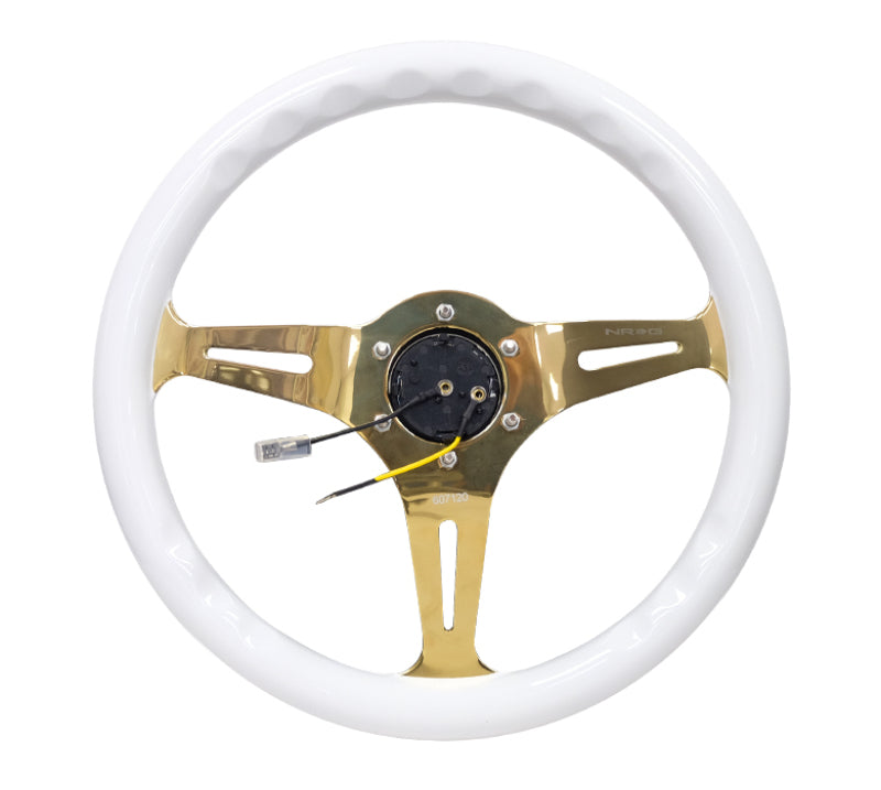 NRG Classic Wood Grain Steering Wheel (350mm) White Grip w/Chrome Gold 3-Spoke Center.