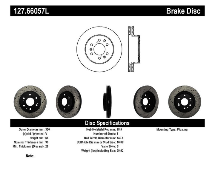 StopTech 05-10 GMC Sierra 1500 (w Rear Drum) / 07-09 GMC Yukon Front Left Slotted & Drilled Rotor.