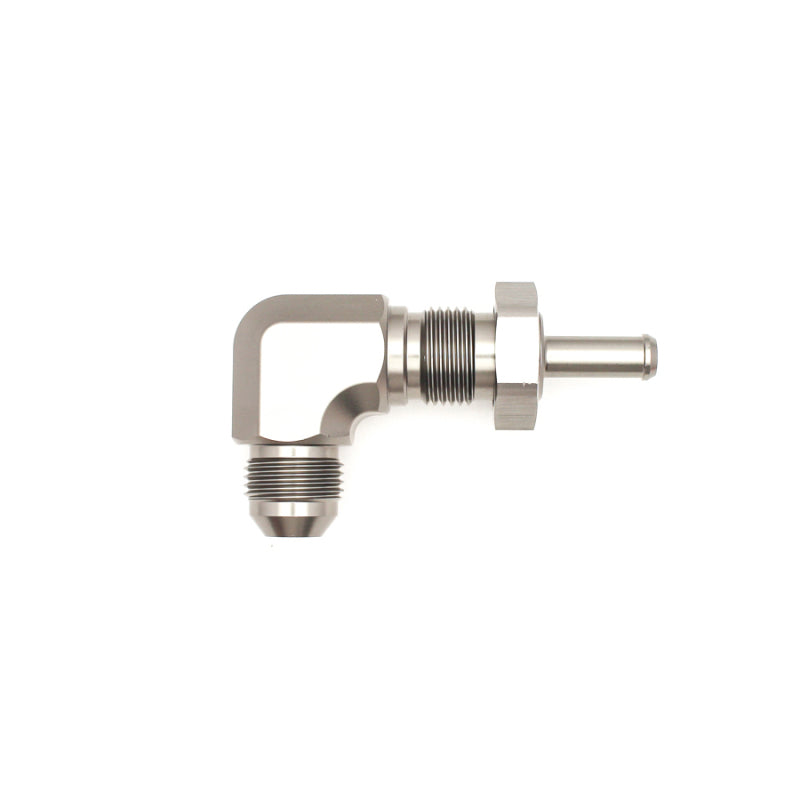 DeatschWerks 8AN Male Flare To 5/16in. Male Barb Bulkhead Adapter 90-Degree (Incl. Nut).