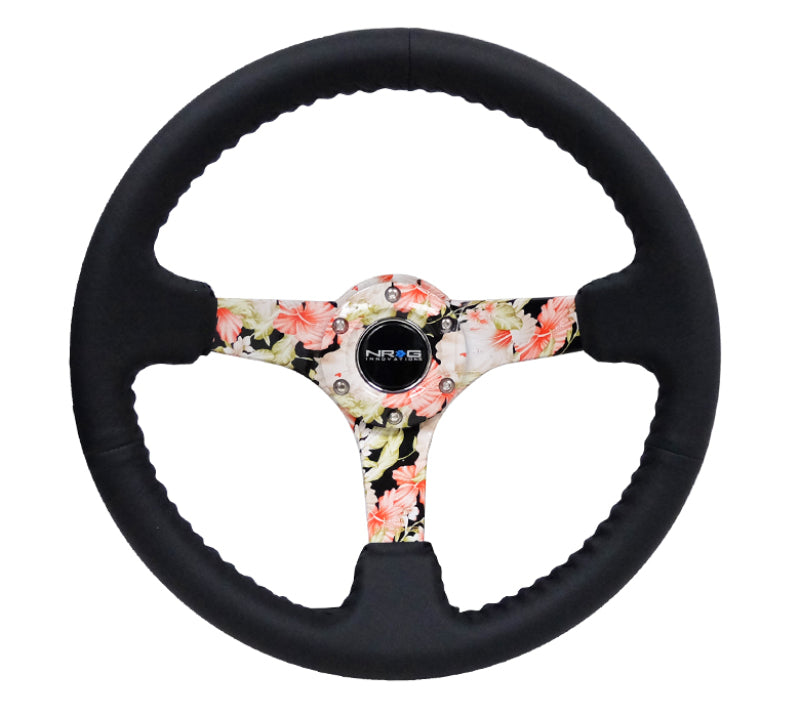 NRG Reinforced Steering Wheel (350mm / 3in. Deep) Blk Leather Floral Dipped w/ Blk Baseball Stitch.