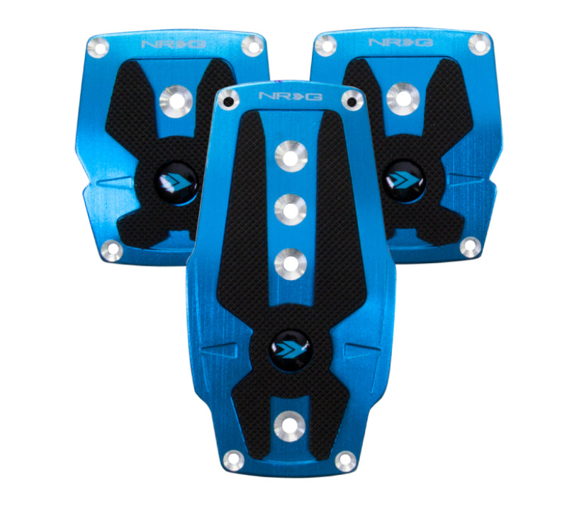 NRG Brushed Aluminum Sport Pedal M/T - Blue w/Black Rubber Inserts.
