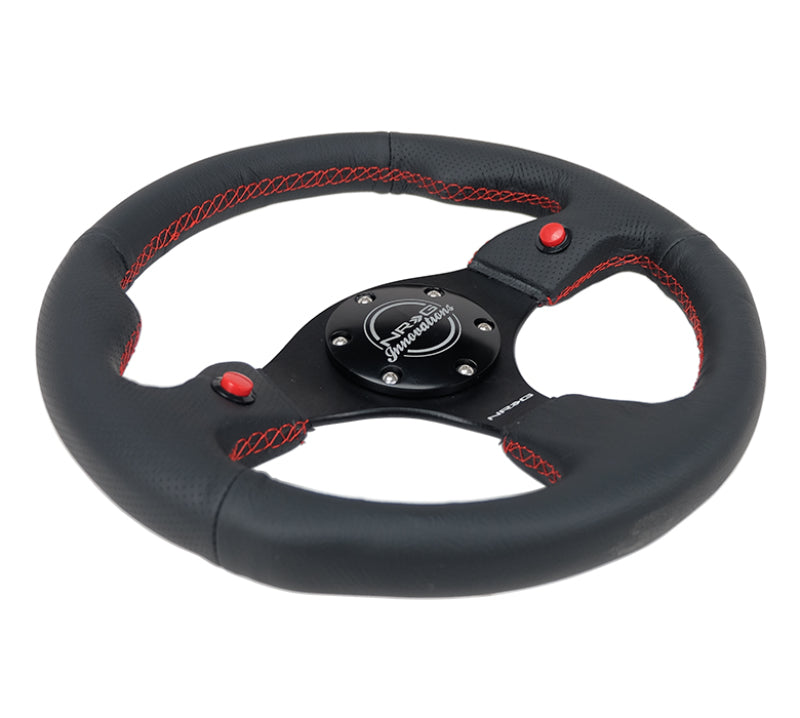 NRG Reinforced Steering Wheel (320mm) Blk Leather w/Dual Buttons.