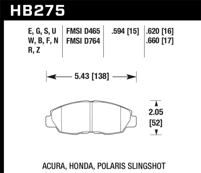 Hawk Honda 98-02 Accord / 06-11 Civic / Polaris Slingshot HT-10 Race Front Brake Pads (Two Pads/Box).