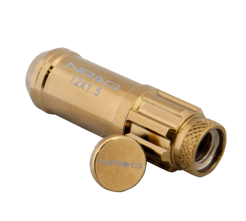NRG 700 Series M12 X 1.5 Steel Lug Nut w/Dust Cap Cover Set 21 Pc w/Locks & Socket - Chrome Gold.