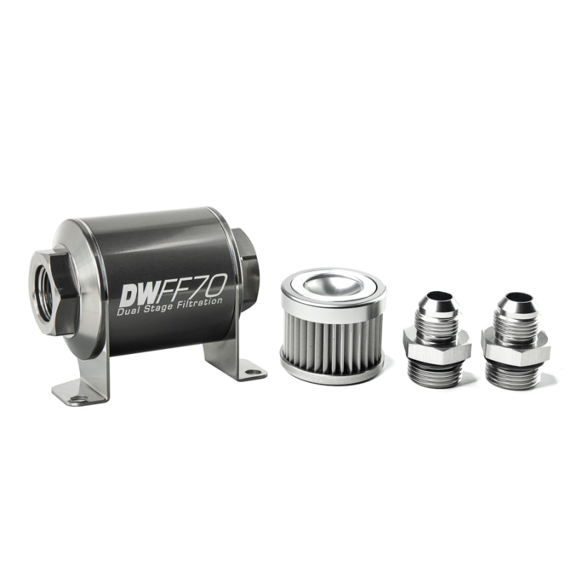 DeatschWerks Stainless Steel 8AN 10 Micron Universal Inline Fuel Filter Housing Kit (70mm).