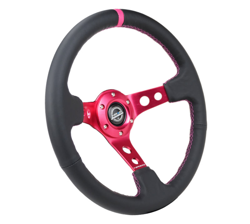 NRG Reinforced Steering Wheel (350mm/3in. Deep) Black Leather/ Fushia Center Mark/ Fushia Stitching.