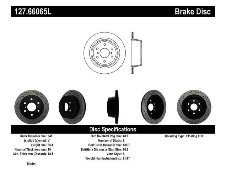 StopTech 07-10 GMC Sierra (w/ Rear Drum) / 07-09 GMC Yukon Rear Left Slotted & Drilled Rotor.