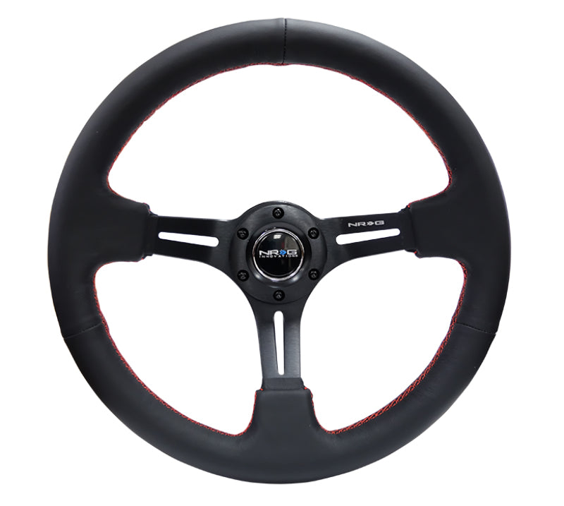 NRG Reinforced Steering Wheel (350mm / 3in. Deep) Black Leather/Red Stitch & Blk 3-Spoke w/Slits.