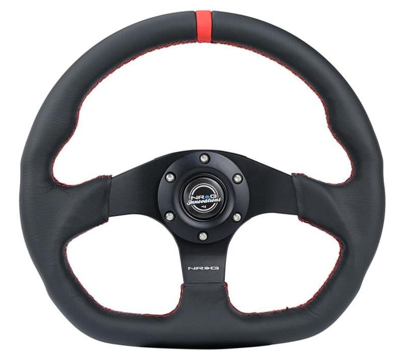 NRG Reinforced Steering Wheel (320mm) Sport Leather Flat Bottom w/ Red Center Mark/ Red Stitching.