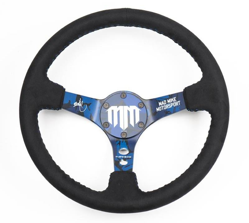 NRG Reinforced Steering Wheel (3in. Deep) Mad Mike/ 5mm Spoke /Alcantara Finish w/ Blue Stitching.