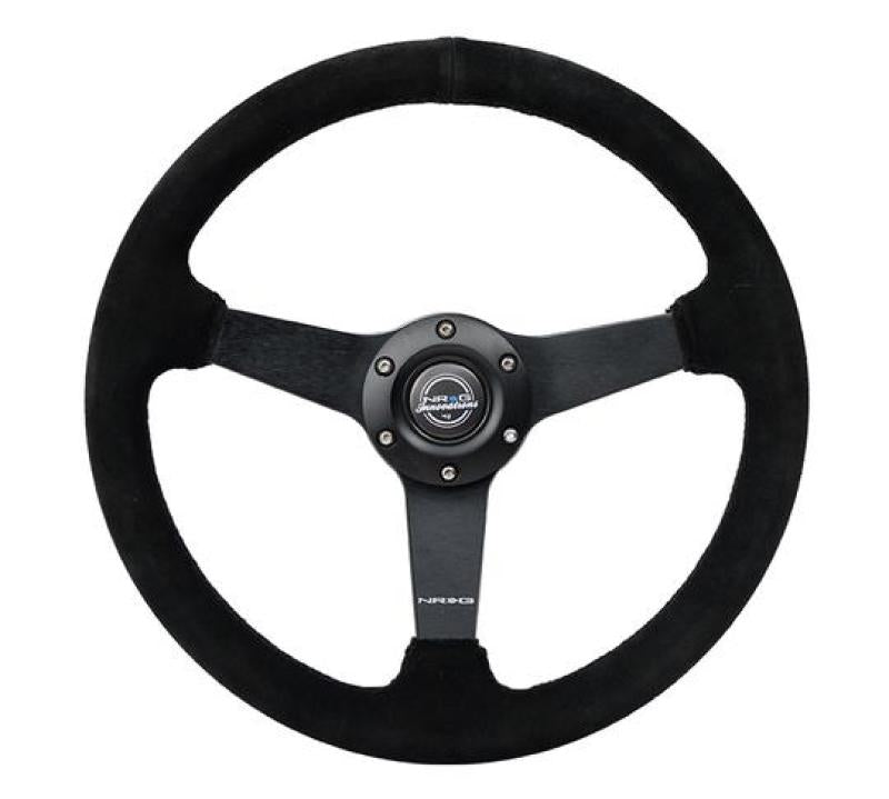 NRG Sport Steering Wheel (350mm / 1.5in Deep) Black Suede/Black Stitch w/Matte Black Solid Spokes.