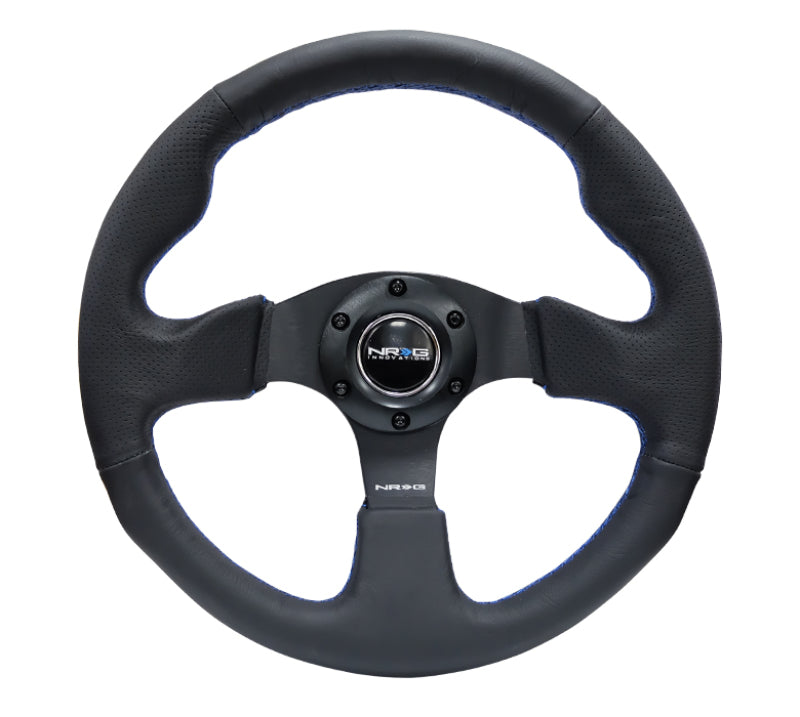 NRG Reinforced Steering Wheel (320mm) Black Leather w/Blue Stitching.