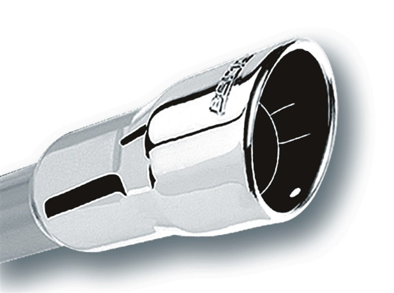 Borla 2.25in Inlet 3.5in Round Rolled Angle Cut Intercooled Outlet x 6.5in Long Embossed Tip.