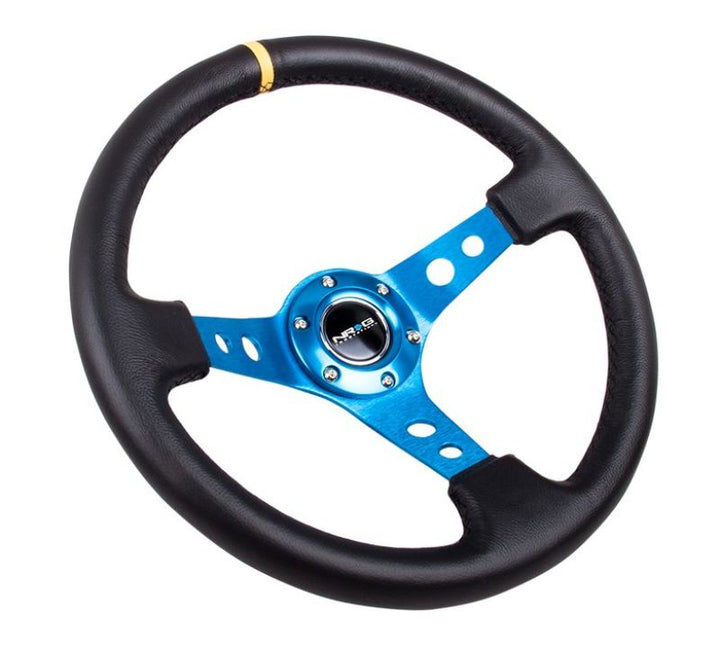 NRG Reinforced Steering Wheel (350mm / 3in. Deep) Blk Leather w/Blue Cutout Spoke & Single Yellow CM.