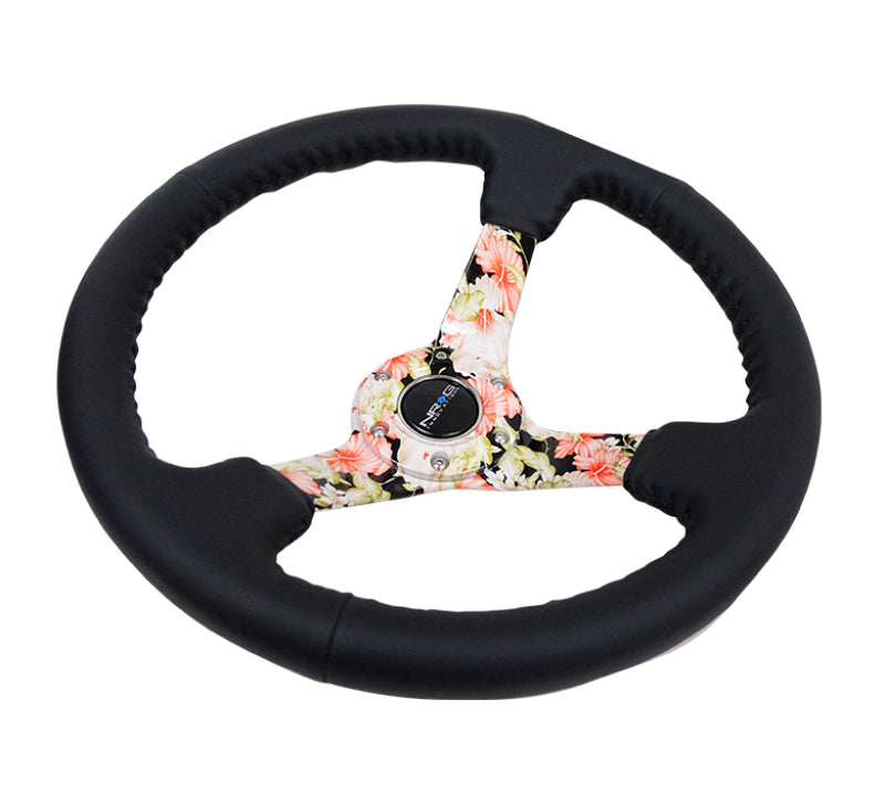 NRG Reinforced Steering Wheel (350mm / 3in. Deep) Blk Leather Floral Dipped w/ Blk Baseball Stitch.