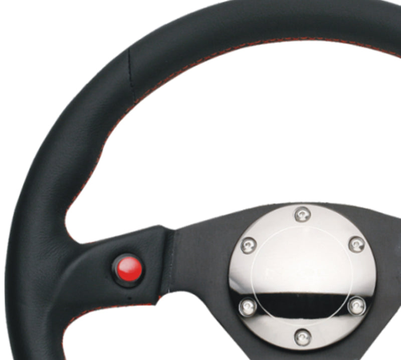NRG Reinforced Steering Wheel (320mm) Blk Leather w/Dual Buttons.