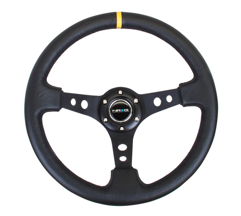 NRG Reinforced Steering Wheel (350mm / 3in. Deep) Blk Leather w/Blk Cutout Spoke/Yellow Center Mark.
