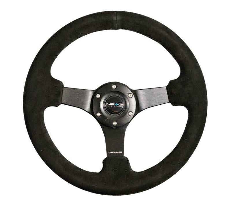 NRG Reinforced Steering Wheel (330mm / 3in Deep) Blk Suede w/Criss Cross Stitch w/Blk 3-Spoke Center.