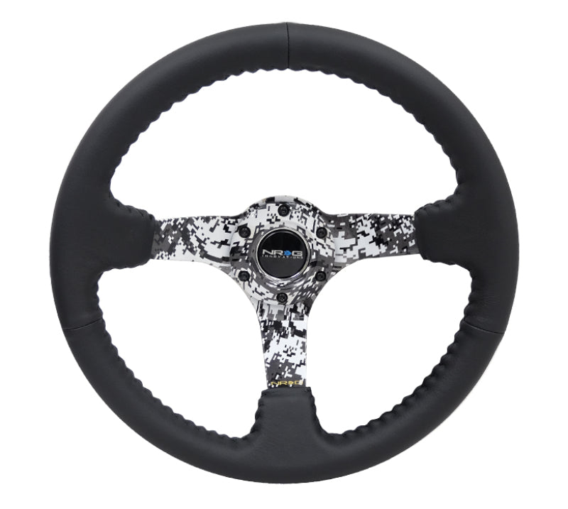 NRG Reinforced Steering Wheel (350mm / 3in. Deep) Blk Leather w/Hydrodipped Digi-Camo Spokes.