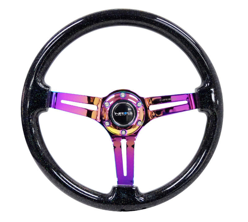 NRG Reinforced Steering Wheel (350mm / 3in. Deep) Blk Multi Color Flake w/ Neochrome Center Mark.