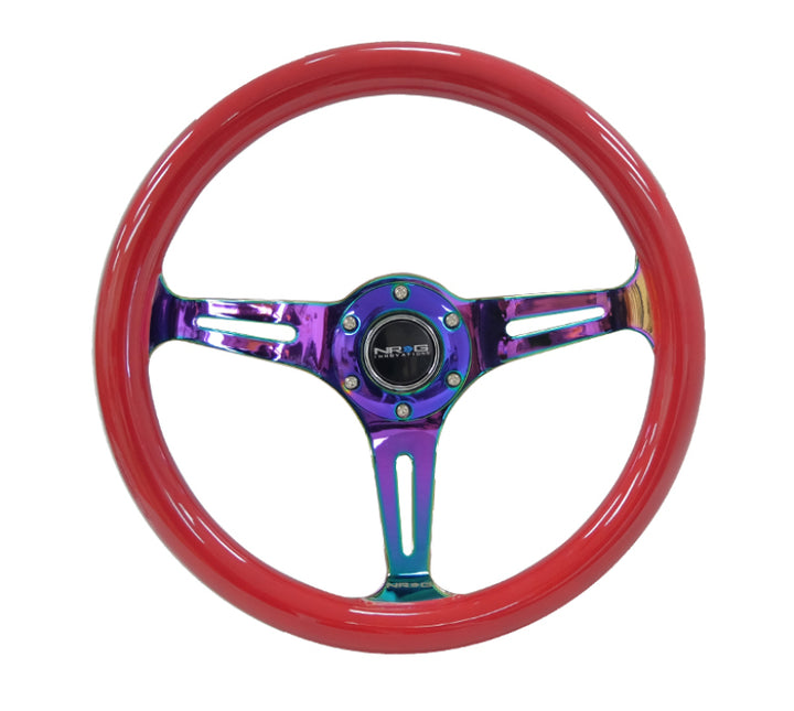 NRG Classic Wood Grain Steering Wheel (350mm) Red Grip w/Neochrome 3-Spoke Center.