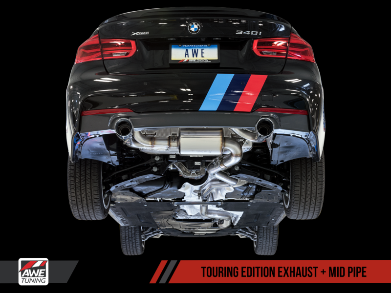 AWE Tuning BMW F3X 340i Touring Edition Axle-Back Exhaust - Chrome Silver Tips (90mm).