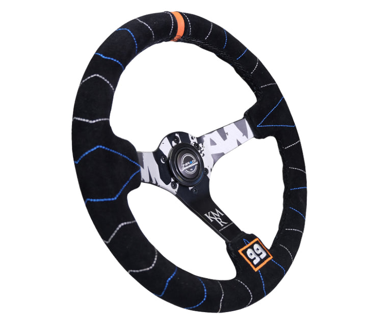 NRG Reinforced Steering Wheel (350mm / 3in. Deep) Blk Suede w/Color Stitch (Kyle Mohan Edition).