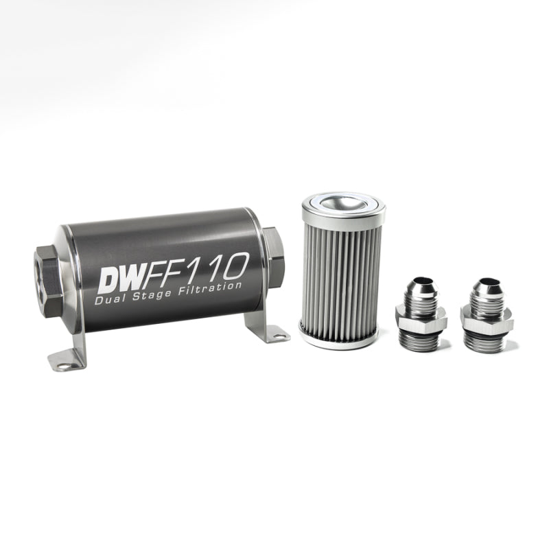 DeatschWerks Stainless Steel 8AN 10 Micron Universal Inline Fuel Filter Housing Kit (110mm).