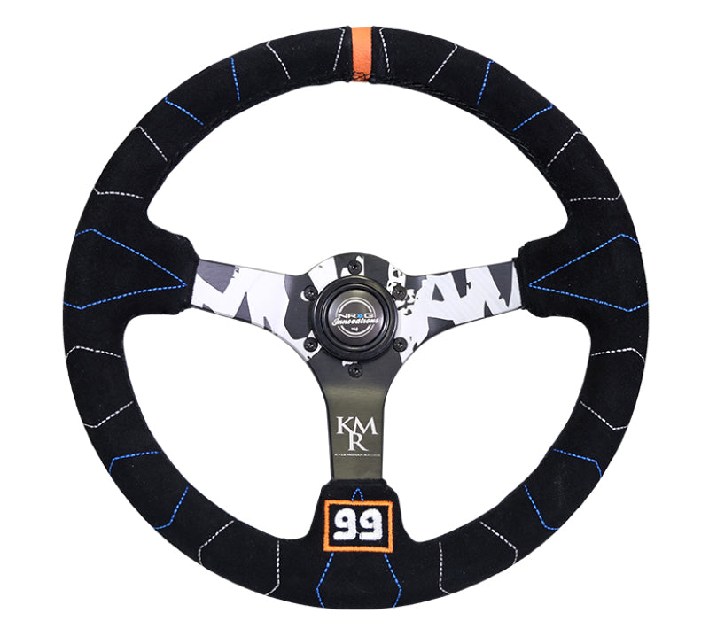NRG Reinforced Steering Wheel (350mm / 3in. Deep) Blk Suede w/Color Stitch (Kyle Mohan Edition).