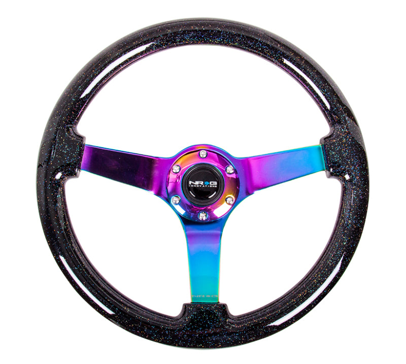 NRG Reinforced Steering Wheel (350mm / 3in. Deep) Classic Blk Sparkle w/4mm Neochrome 3-Spoke Center.