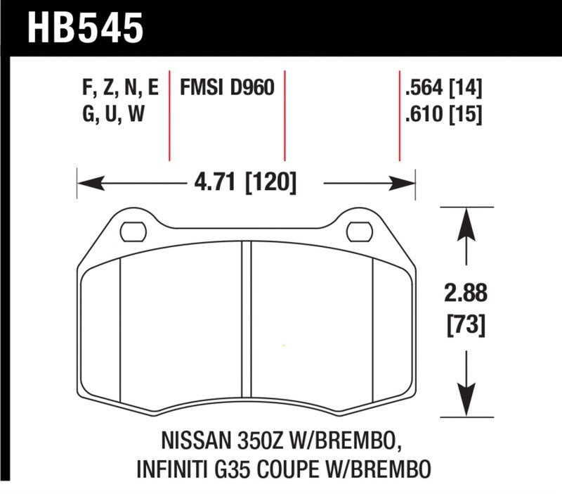 Hawk 03-04 Infiniti G35 / 04-09 Nissan 350z w/ Brembo Brakes DTC-70 Race Front Brake Pads.