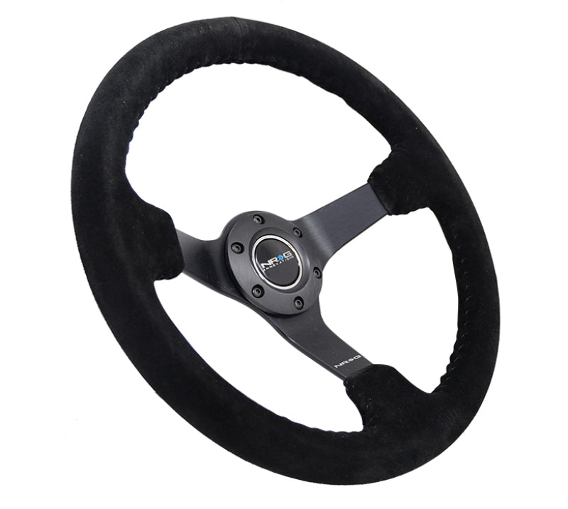 NRG Reinforced Steering Wheel (350mm / 3in. Deep) Blk Suede/Blk Bball Stitch w/5mm Matte Black Spoke.