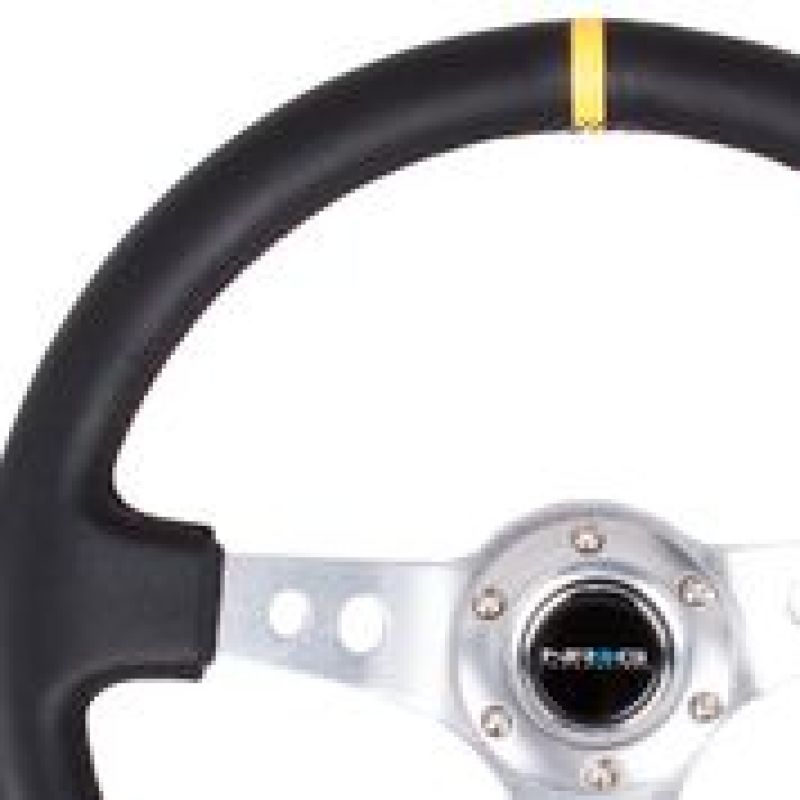 NRG Reinforced Steering Wheel (350mm / 3in. Deep) Blk Leather w/Circle Cut Spokes & Single Yellow CM.