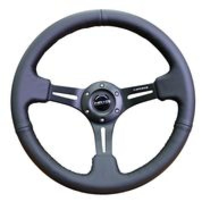 NRG Reinforced Steering Wheel (350mm / 3in. Deep) Black Leather w/ Black Stitching.