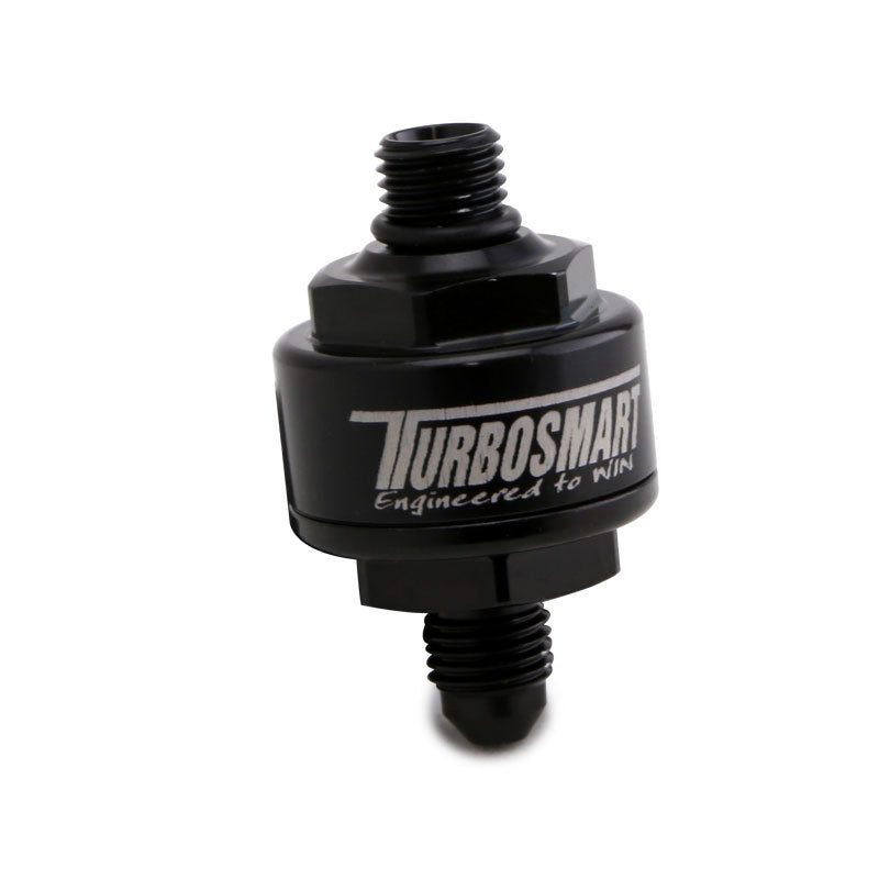 Turbosmart Billet Turbo Oil Feed Filter w/ 44 Micron Pleated Disc AN-4 Male to AN-4 ORB- Black.