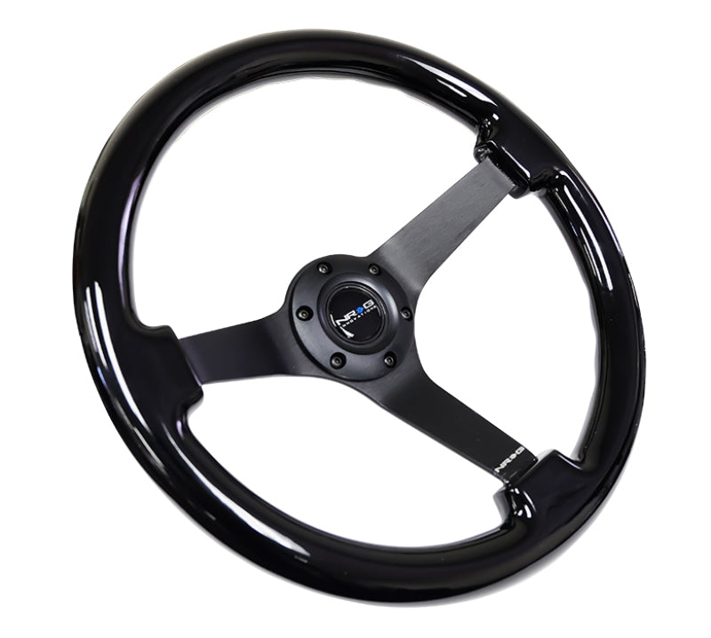 NRG Reinforced Steering Wheel (350mm / 3in. Deep) Black w/Black Chrome Solid 3-Spoke Center.