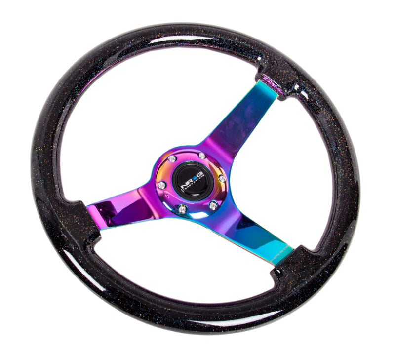 NRG Reinforced Steering Wheel (350mm / 3in. Deep) Classic Blk Sparkle w/4mm Neochrome 3-Spoke Center.