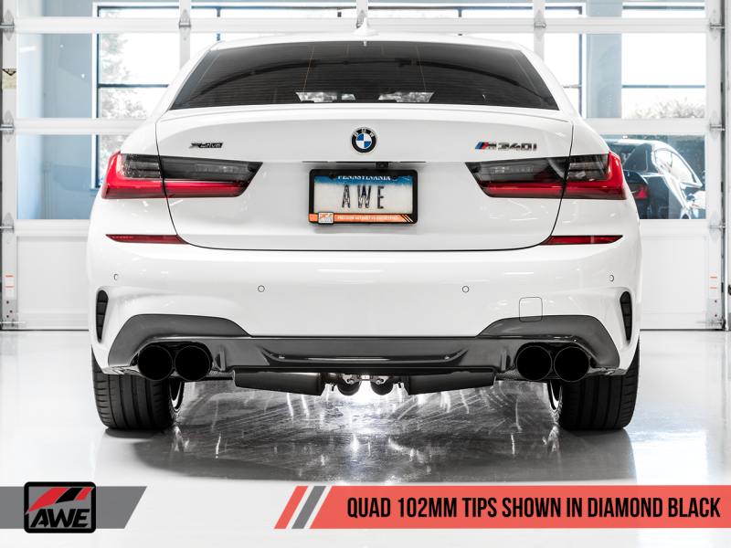 AWE Tuning 2019+ BMW M340i (G20) Resonated Touring Edition Exhaust - Quad Diamond Black Tips.