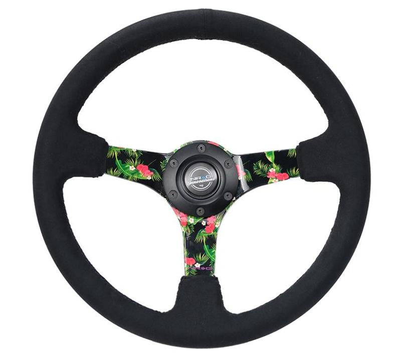 NRG Reinforced Steering Wheel (350mm / 3in. Deep) Black Suede w/ 5mm Floral 3-Spoke Center.