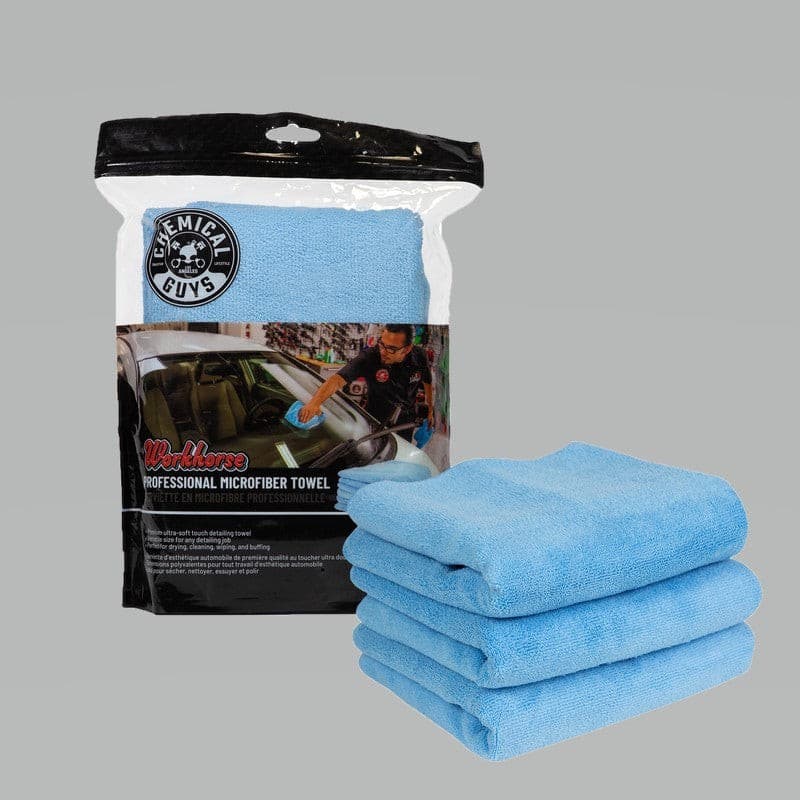 Chemical Guys Workhorse Professional Microfiber Towel - 16in x 16in - Blue - 3 Pack.