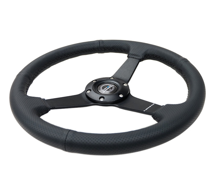 NRG Sport Steering Wheel (350mm / 1.5in Deep) Black Leather Black Stitch w/Matte Black Solid Spokes.