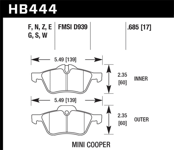 Hawk 02-06 Mini Cooper / Cooper S HPS Street Front Brake Pads.