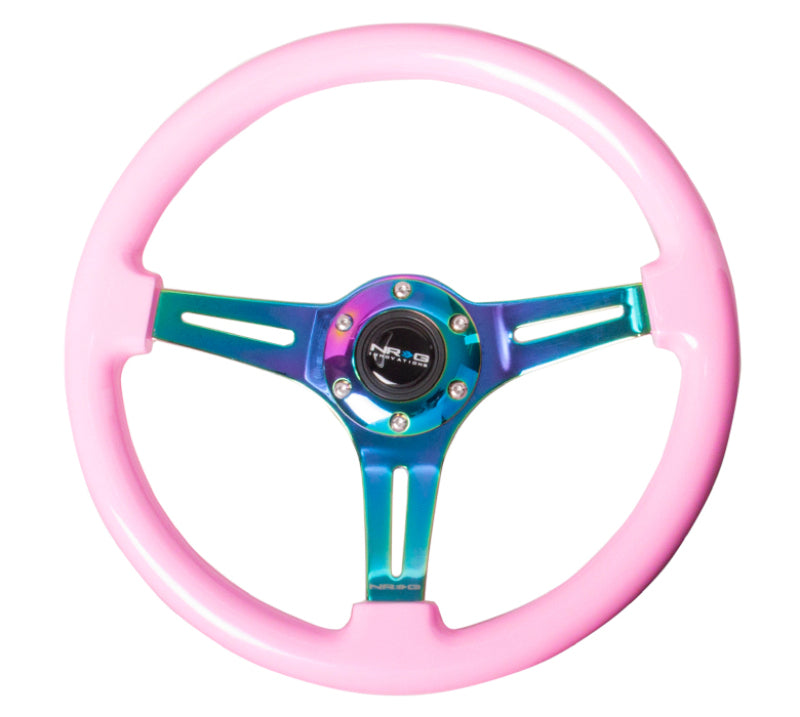NRG Classic Wood Grain Steering Wheel (350mm) Solid Pink Painted Grip w/Neochrome 3-Spoke Center.