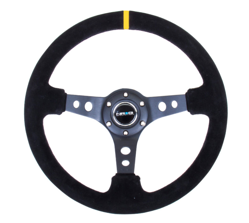 NRG Reinforced Steering Wheel (350mm / 3in. Deep) Blk Suede w/Circle Cut Spokes & Single Yellow CM.