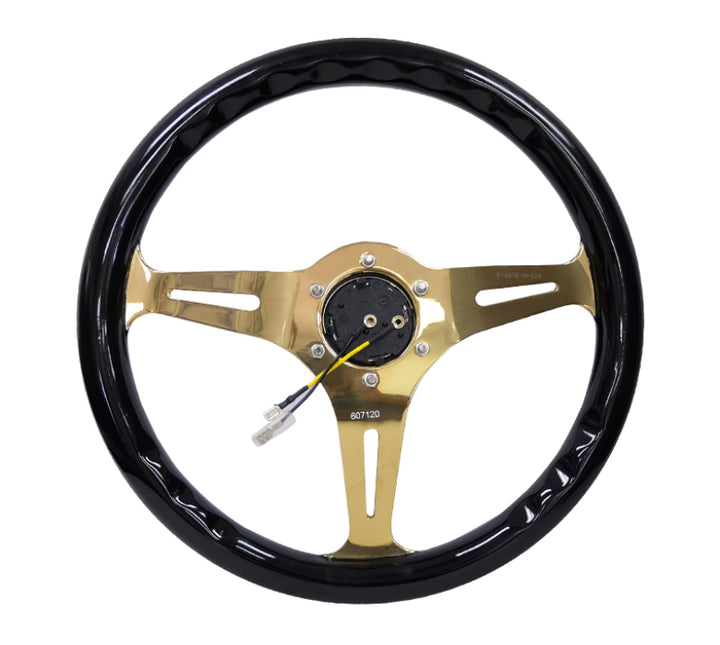 NRG Classic Wood Grain Steering Wheel (350mm) Black Grip w/Chrome Gold 3-Spoke Center.