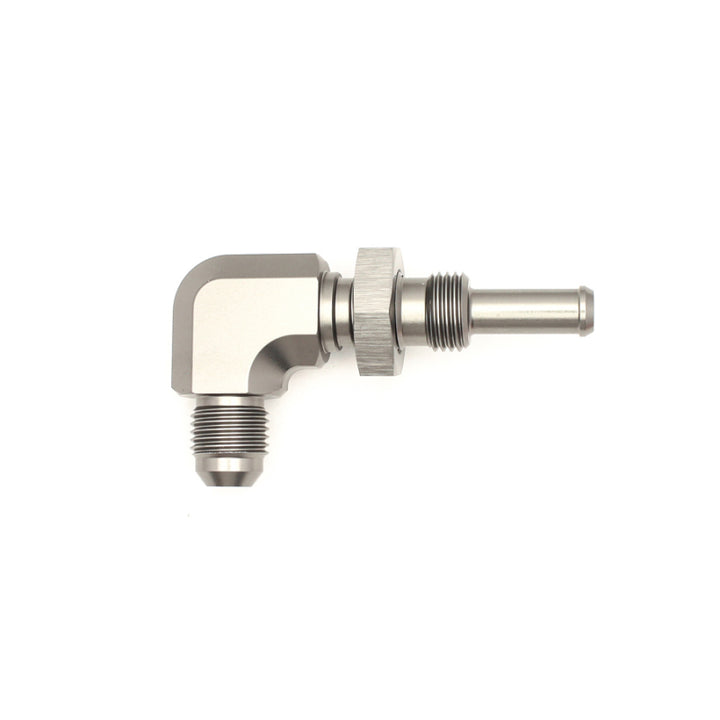 DeatschWerks 6AN Male Flare To 5/16in. Male Barb Bulkhead Adapter 90-Degree (Incl. Nut).