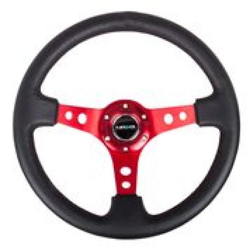 NRG Reinforced Steering Wheel (350mm / 3in. Deep) Blk Leather w/Red Circle Cutout Spokes.