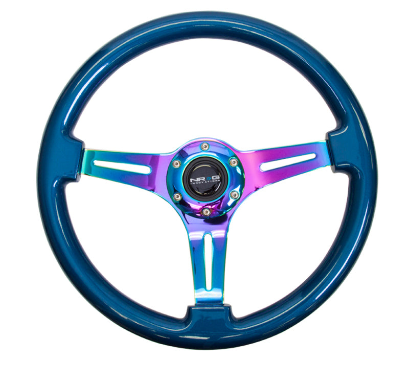 NRG Classic Wood Grain Steering Wheel (350mm) Blue Pearl/Flake Paint w/Neochrome 3-Spoke Center.