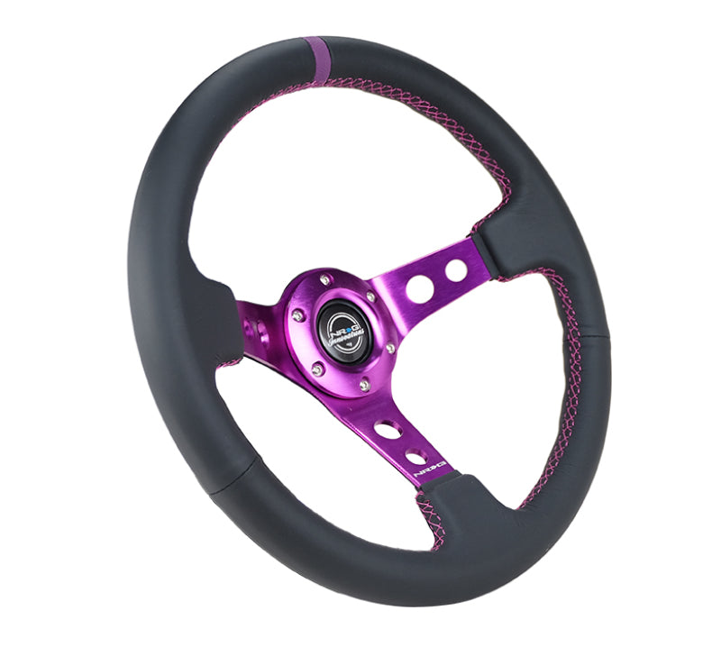 NRG Reinforced Steering Wheel (350mm / 3in. Deep) Black Leather w/Purple Center & Purple Stitching.